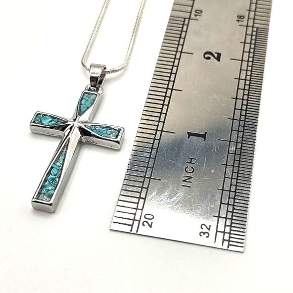 925 Silver Necklace w/ Turquoise Cross Christian Native Pendant Valentines NEW - Picture 5 of 6